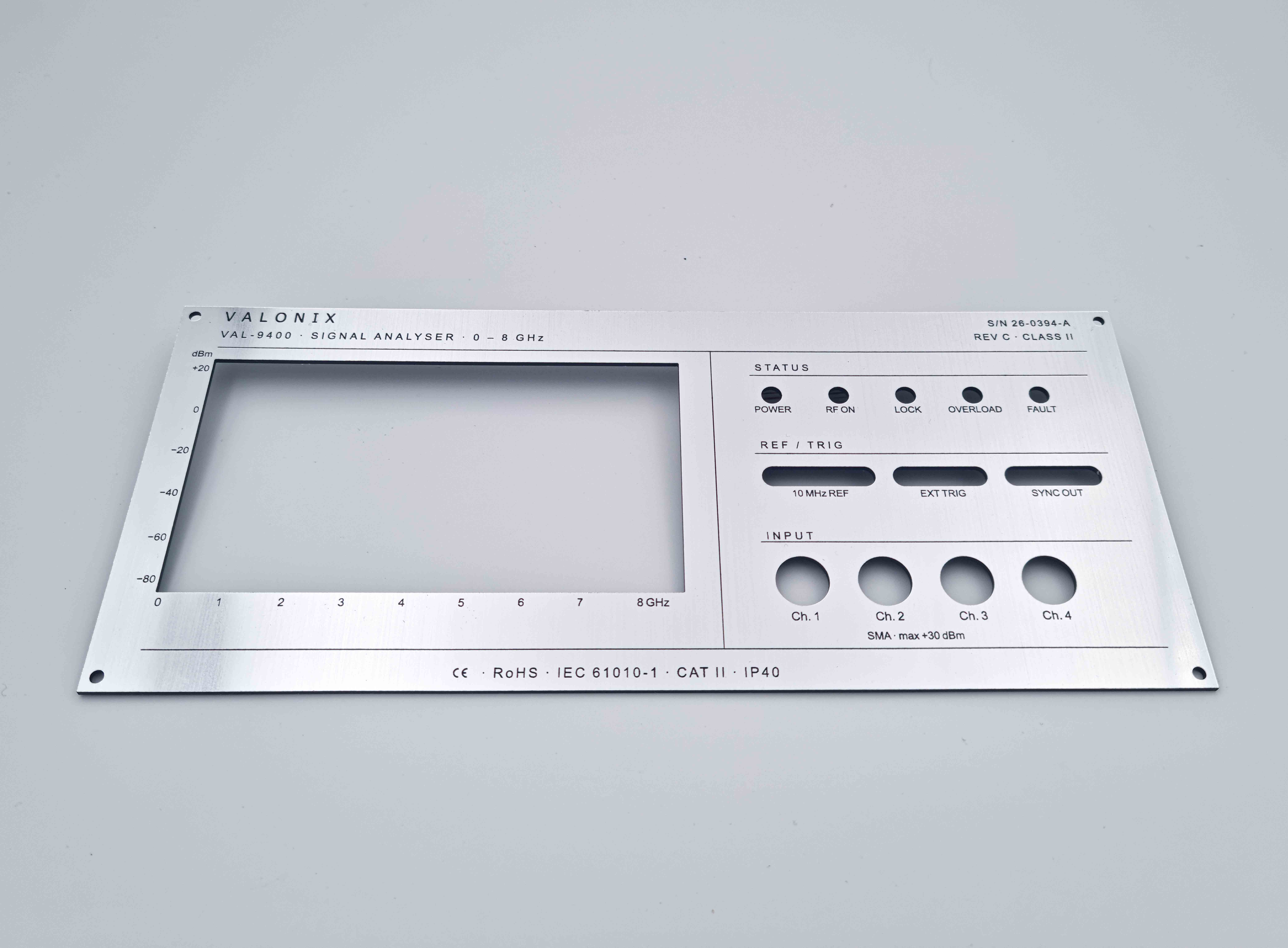 Bedieningspaneel Signal Analyzer — gelasergraveerd op zilver-zwart ABS